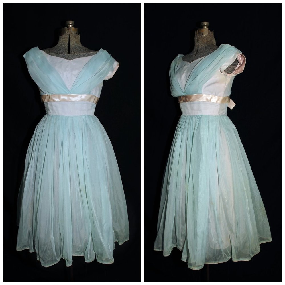 VTG Pale Blue Chiffon & Pink Satin Prom Dress XXS